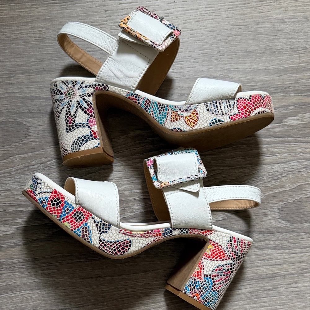 Spring Step White Sandals with Multicolor Mosaic Heel